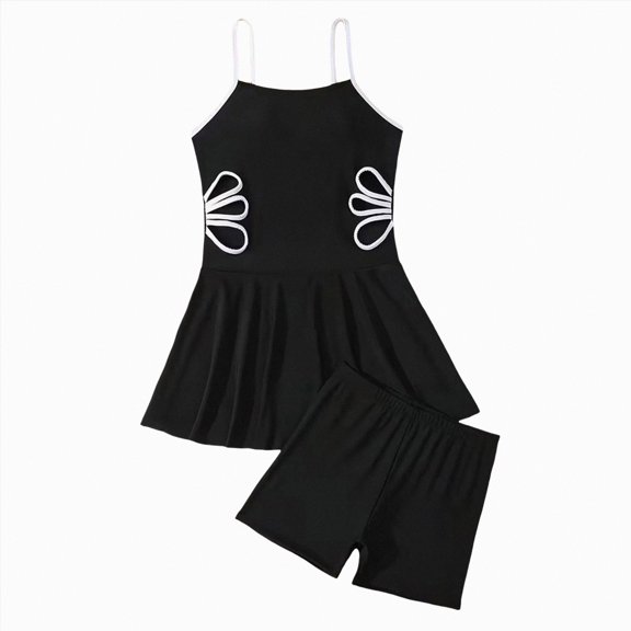 Hessimy Girls Swimsuit Adjustable Straps Cut Out Swimwear 2 Piece Solid Color Tankini for Girls Bathing Suit,Solid Color Tankini,Chic Design(Black,7-8 Years)