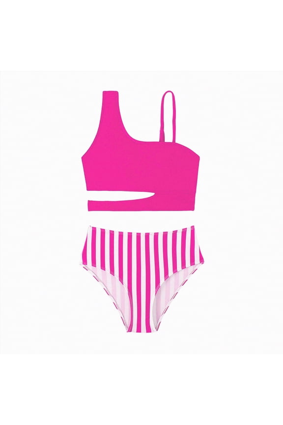 Girls Swimsuit Adjustable String Strap High Waist Bikini 2 Piece Girls' Swimwear Set Teen Girl Bathing Suits（Hot Pink,10-11 Years)