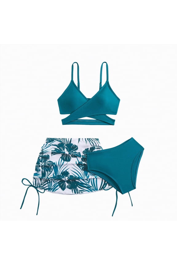 Girls Swimsuit Bikini Set Two Piece Tankini Bathing Suit Teens High Waisted Cute Beach Swimwear(Green,11-12 Years)