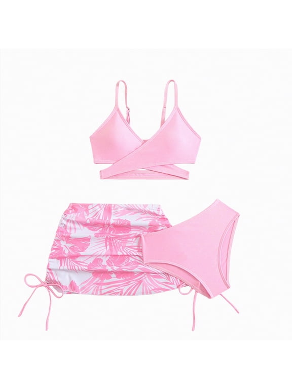 Girls Swimsuit Bikini Set Two Piece Tankini Bathing Suit Teens High Waisted Cute Beach Swimwear(Pink,7-8 Years)