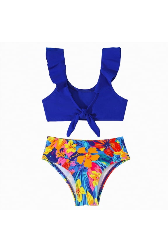 Girls Swimsuit Color Block Bathing Suit Adjustable Strap Two Pieces Bikini Swimsuit Beach Swimwear for Girls,Beach Swimwear,Summer Fun(Blue,6-7 Years)