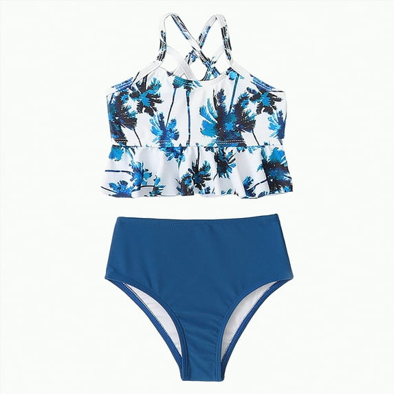 Hessimy Girls Swimsuit Color Block Bikini Sets Adjustable Straps Two Piece Bathing Suit Swimwear,Color Block Set（Blue,8-10 Years)