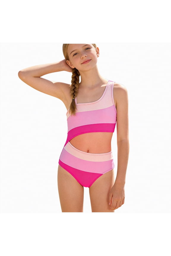 Girls Swimsuit Double Strap High Waist Sporty Bikini Swimsuits Swim 2 Piece Set（Pink,13-14 Years)