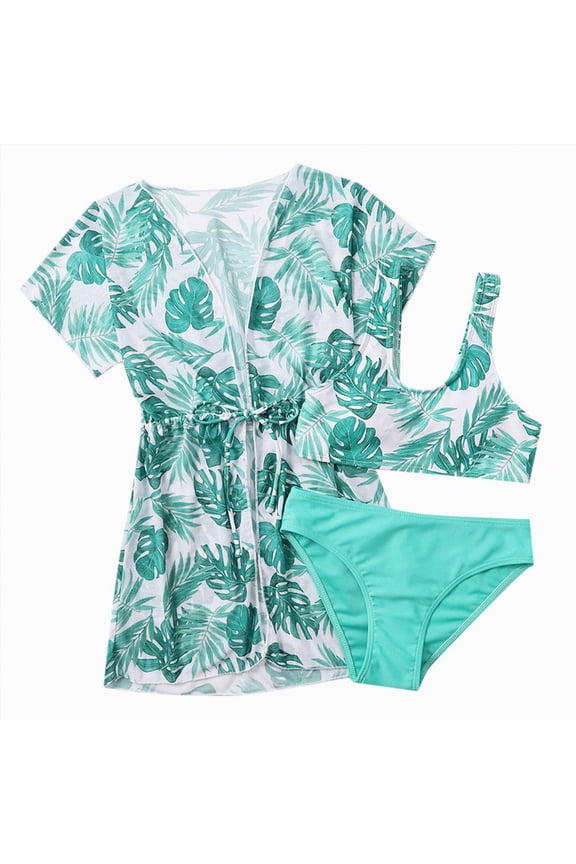 Girls Swimsuit High Waisted Bathing Suit for Girls V-Neck Cutout Two Piece Swimwear Color Block Bikini Set(Green,7-8 Years)