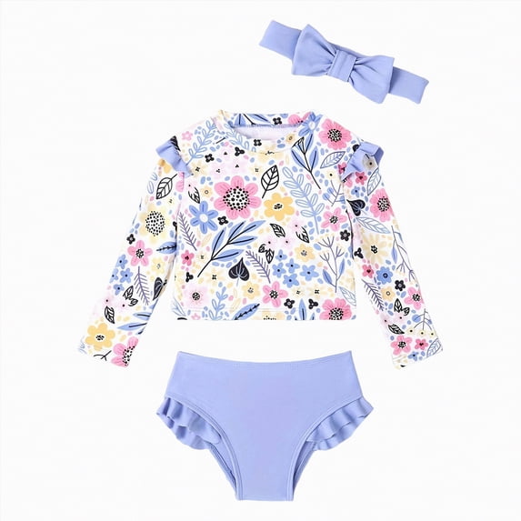 Hessimy Girls Swimsuit Tropical Print Bikini Set with Ruffle Hem Two Piece Criss Cross Bathing Suits,Square Neck(Light Purple,5-6 Years)