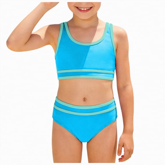 Hessimy Girls Swimsuit Two Piece Tankini Swimwear with Bathing Suit for Kids Toddler Beach Swimsuits（Sky Blue,12-13 Years)