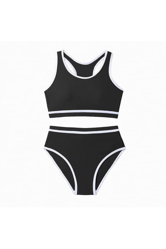 Girls Swimsuits V-Neck Double Strap Design Cute Girls Bikini Swim Two Piece Sets(Black,11-12 Years)