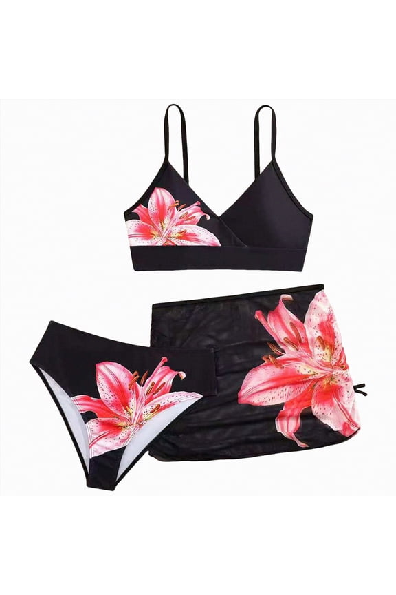 Girls Two Piece Bikini Swimsuit Hawaiian Floral Bathing Suit for Kids Summer Beach Swimwear Set,Summer Ready,Toddler Size(Black,12-13 Years)