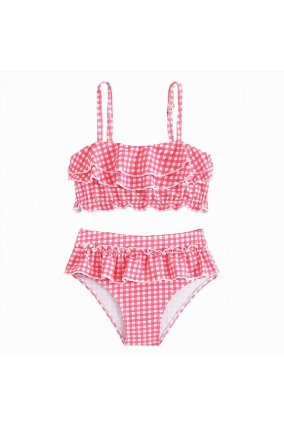 Girls Two Piece High Waisted Ruffle Waffle Swimsuit Bathing Suit Bikini Sets,highwaisted(Pink,7-8 Years)