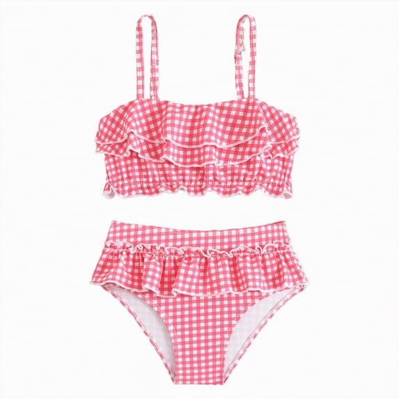 Hessimy Girls Two Piece High Waisted Ruffle Waffle Swimsuit Bathing Suit Bikini Sets,highwaisted(Pink,7-8 Years)