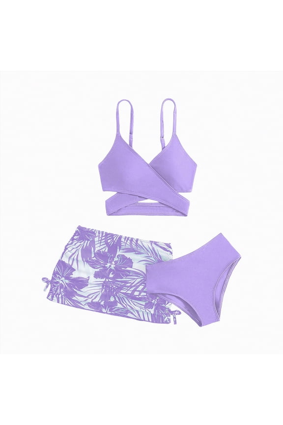 Girls Two Piece Swimsuit Adjustable Spaghetti Strap Cute Bikini Sets High Waisted Bathing Suit Swimwear(Purple,8-9 Years)