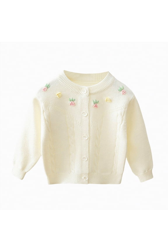 Girls Warm Sweater For Girls Kids, Knitted Sweater Round-Neck, Long Sleeve Solid Color, Girls Cardigans Winter Sweaters To Warm Up Outerwear (White,18-24 Months)