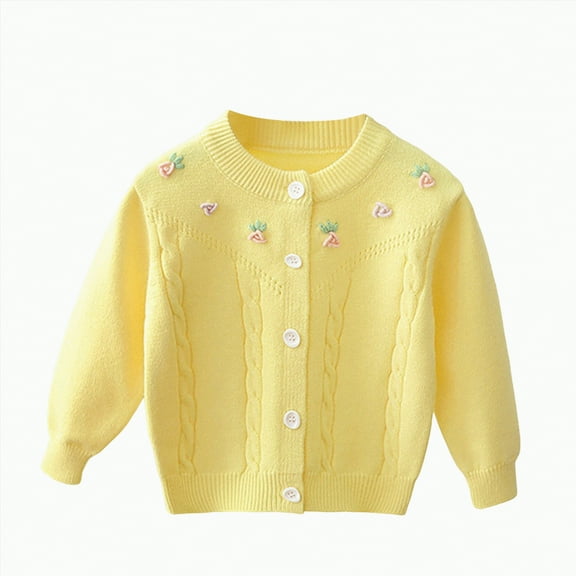 Hessimy Girls Warm Sweater For Girls Kids, Knitted Sweater Round-Neck, Long Sleeve Solid Color, Girls Cardigans Winter Sweaters To Warm Up Outerwear (Yellow,12-18 Months)