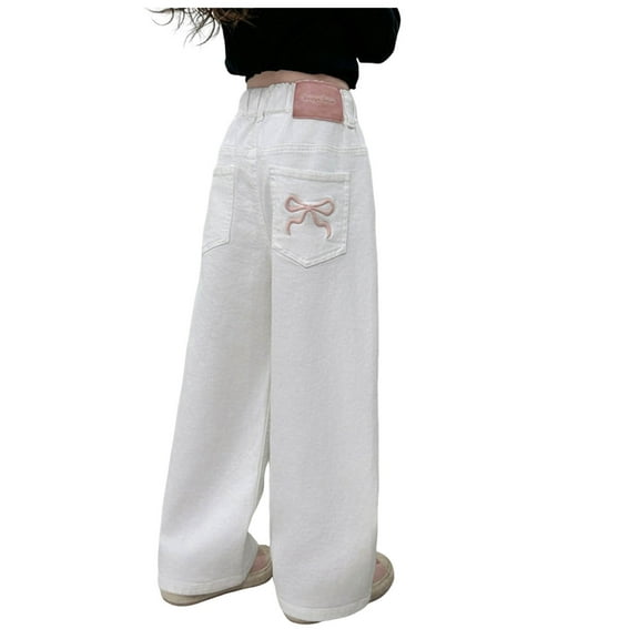 Hessimy Girls Wide Leg Jeans Elastic Waist Denim Pants Baggy Jeans for Girls(White,9-10 Years)