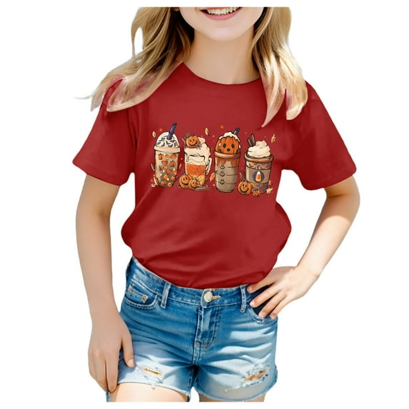 Hessimy Girlss Halloween Shirts Vintage Graphic Tees Funny Ghost Printed Cute Tops Casual Pumpkin Shirt Skull Teen Girl Clothes（Red，6-7 Years）