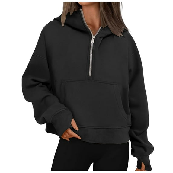 Hessimy Half Zip Sweatshirts Cropped Hoodies Fleece Jackets Womens Quarter Zip Up Pullover Fall Outfits 2024 Winter Clothes(Z08-Black,L)