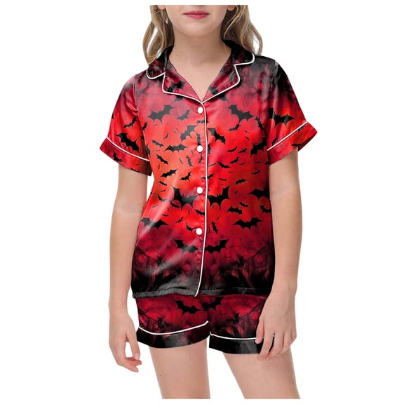 Hessimy Halloween Pajamas Girl Satin Button Up Shirt And Shorts Pjs Sets 2 Piece Matching Sets Casual Sleepwea pajamas kids（Red，12-13Years）