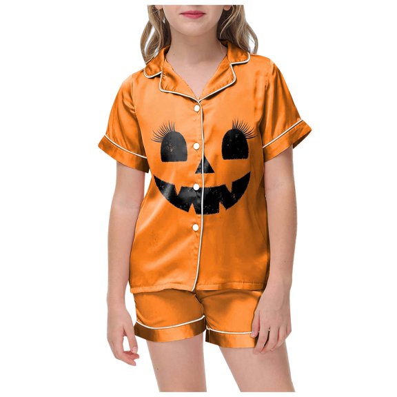 Hessimy Halloween Pajamas Set Girl 2 Piece Pumpkin Ghost Pjs Boo Spooks Smile Button Down Cute Shorts Pj Sets Sleepwear pink pajamas for Toddler Girl Boy（Orange，6-7Years）