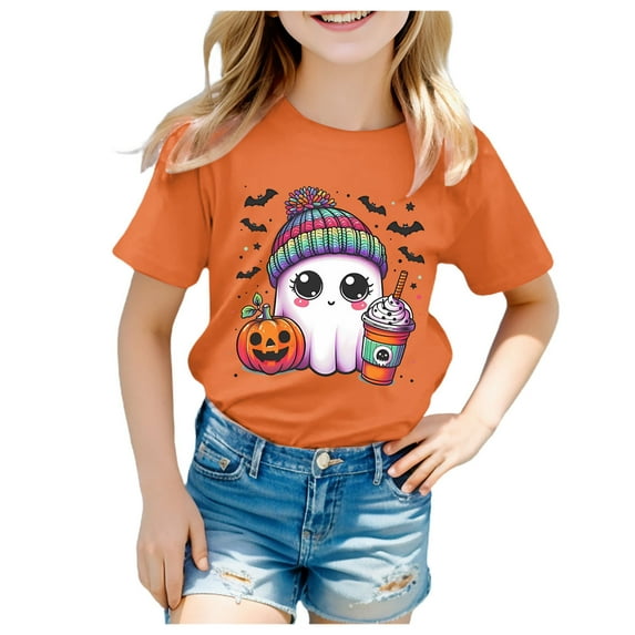 Hessimy Halloween Shirts for Girls Bow Ghost Shirt Cute Spooky Tshirt Fall Flower Graphic Tees Casual Short Sleeve Tops(Orange,8-9 Years)