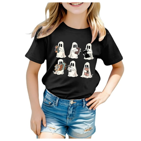 Hessimy Halloween Shirts for Girls Pumpkin Shirts Cute Fall Short Sleeve Graphic Tee Tops（Black，10-11 Years）