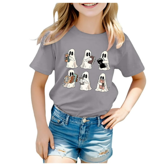 Hessimy Halloween Shirts for Girls Pumpkin Shirts Cute Fall Short Sleeve Graphic Tee Tops(Grey,10-11 Years)