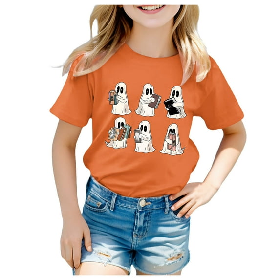 Hessimy Halloween Shirts for Girls Pumpkin Shirts Cute Fall Short Sleeve Graphic Tee Tops(Orange,8-9 Years)