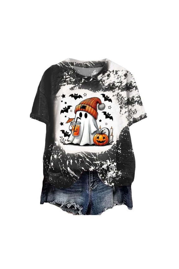 Halloween Shirts for women's Boo T Shirt Cute Ghost Graphic Tees Halloween Spooky Season Short Sleeve Tee Tops(Black,XL)