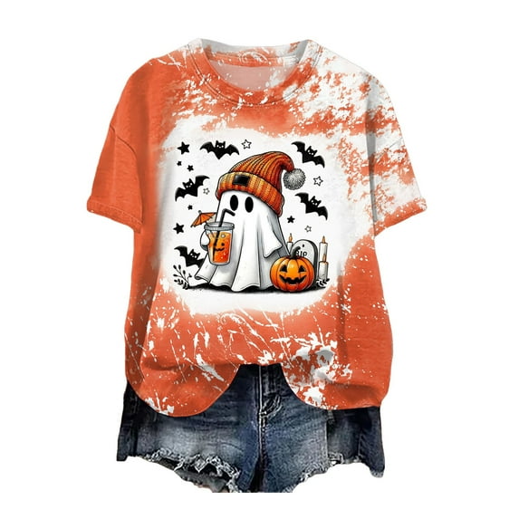 Hessimy Halloween Shirts for women's Boo T Shirt Cute Ghost Graphic Tees Halloween Spooky Season Short Sleeve Tee Tops(Orange,S)