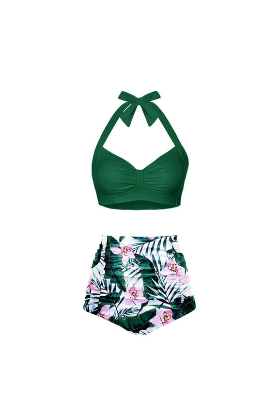 High Waisted Bikini Set for Women Two Piece Tummy Control Vintage Swimsuit Retro Halter Bathing Suit with Bottom(Green,XL)