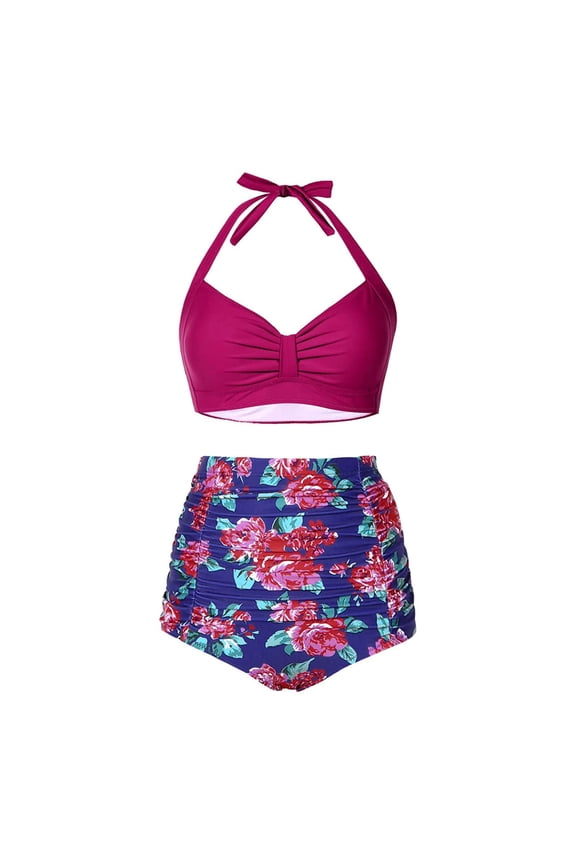 High Waisted Bikini Set for Women Two Piece Tummy Control Vintage Swimsuit Retro Halter Bathing Suit with Bottom(Pink,M)