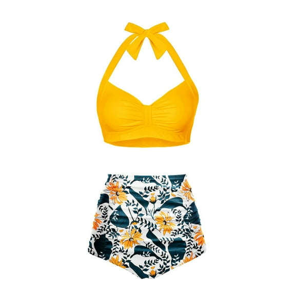 Hessimy High Waisted Bikini Set for Women Two Piece Tummy Control Vintage Swimsuit Retro Halter Bathing Suit with Bottom(Yellow,M)