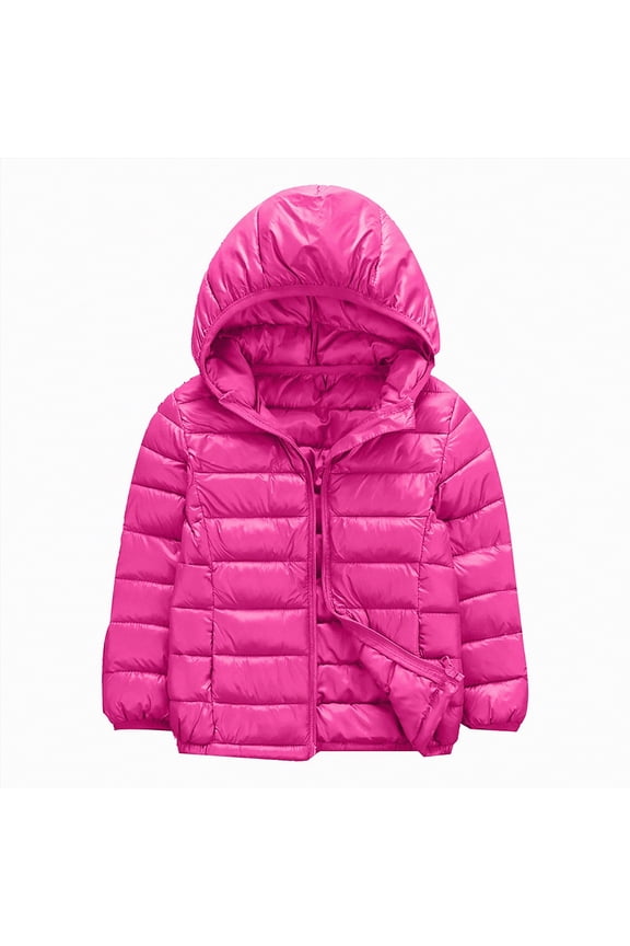 Kids Boys Girls Fall Winter down Puffer Jacket Coat Youth Warm Hooded Puffer Outerwear Fashion Lightweight Kid candy solid colour long sleeve hooded jacket (Hot Pink,2-3 Years)