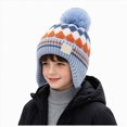 thumbnail image 1 of Hessimy Kids Geometric Pattern Knit Pom Beanie with Earflaps,Warm Winter Cuffed Ski Hat, 1 of 5