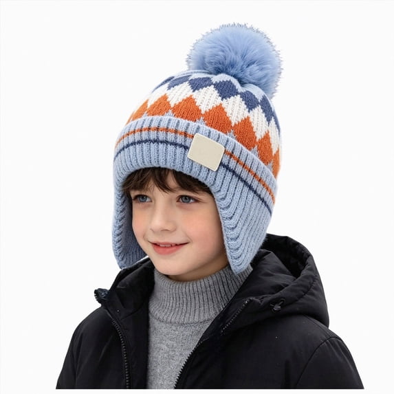 Hessimy Kids Geometric Pattern Knit Pom Beanie with Earflaps,Warm Winter Cuffed Ski Hat