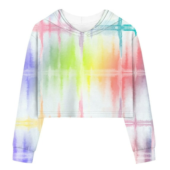 Hessimy Kids Girls Casual Loose Active Long Sleeves Hoodies Sweatshirts Hooded Short Pullover Tie Dye Teen Crop Tops Girls Tops(Z07-White,G18-9 Years)