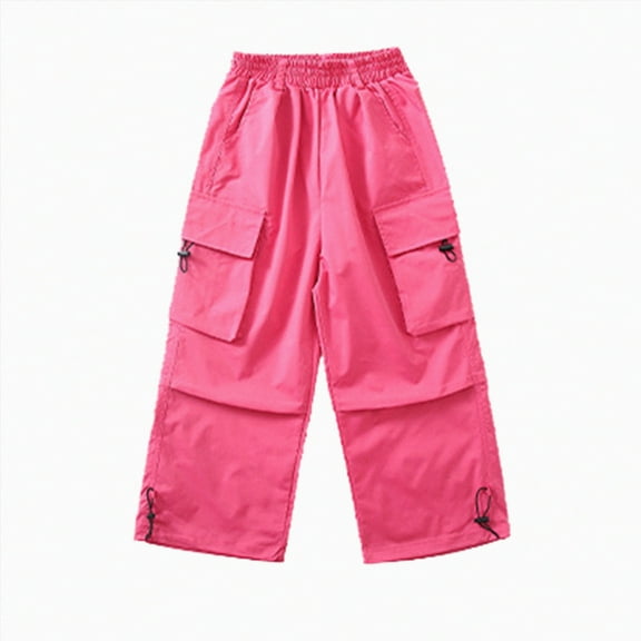 Hessimy Kids Girls Casual Pants Wide Leg Pants Spring And Autumn Big Pocket Sweet Wind Cargo Wide-Leg Pants For 5-15y Home Pants (Hot Pink,3-4 Years)