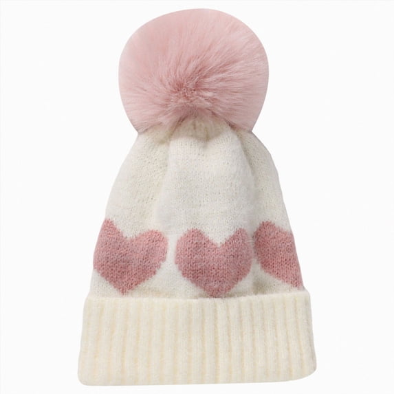 Hessimy Kids Heart Pattern Knit Pom Pom Beanie,Cute Winter Warm Folded Cuffed Hat for Girls