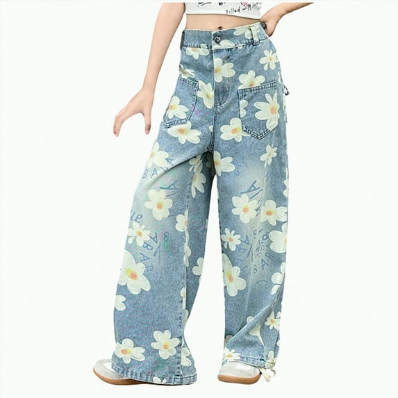 Hessimy Kids Pants Summer Fall Winter Pants For Teen Girls Flower Printed Wide Leg Lightweight Trousers With Pockets Denim Jeans (Navy,9-10 Years)