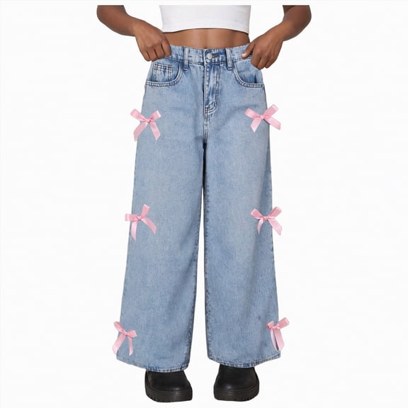 Hessimy Little Girl Loose Fit Baggy Bow Pants Teen Girls Trendy Parachute Pants Wide Leg Trousers Hiking Pants Autumn Winter Spring Summer Straight-Leg Zip Up Pants (Blue,7-8 Years)