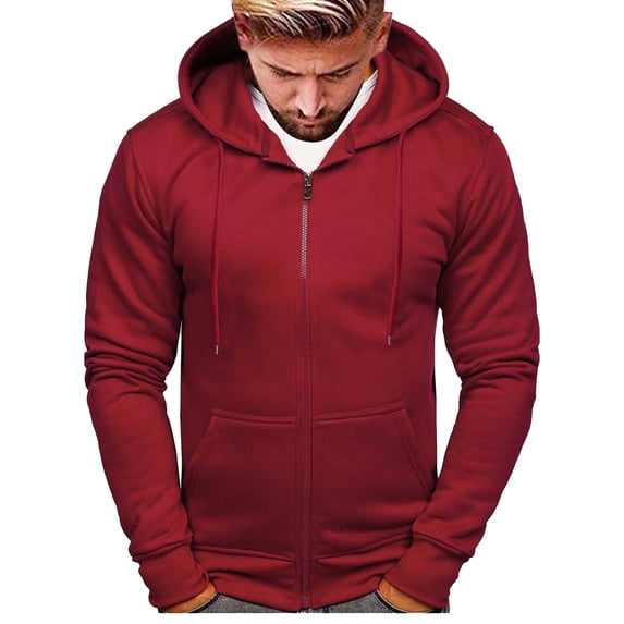 Hessimy Men's Hooded Sweatshirt Quilted Full Zip Up Hoodie Casual Workout Jacket with Zipper Pockets(Red,M)