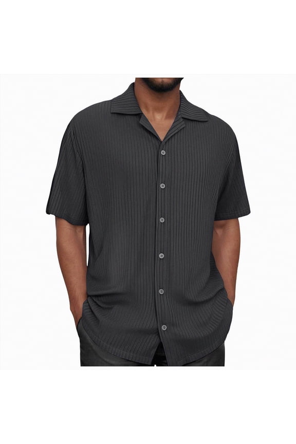 Men's Short Sleeve Button Down Shirt Casual Summer Beach Shirt Waffle Knit Shirts Wrinkle Free Untucked Shirt(Black,M)