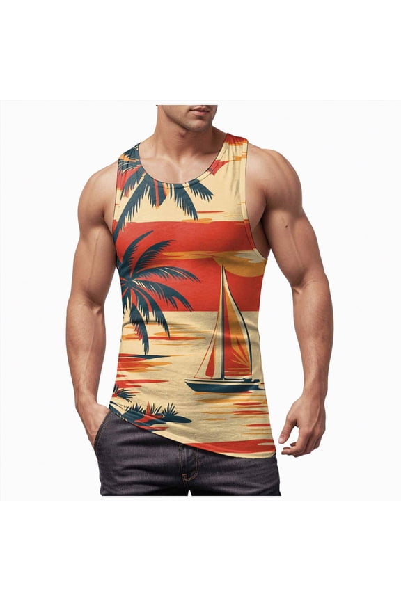 Men's Summer Tank Top Scoop Neck Workout Gym Muscle Tank T-Shirt Sleeveless Undershirt(Orange,L)