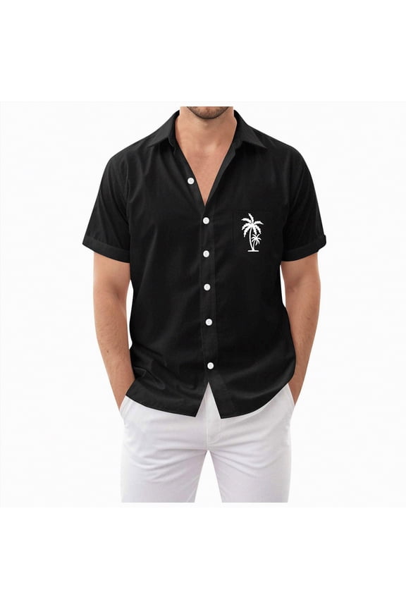 Mens Button Up Shirts Short Sleeve Untucked Shirts with Pocket for Summer Beach Vacation(Black,M)