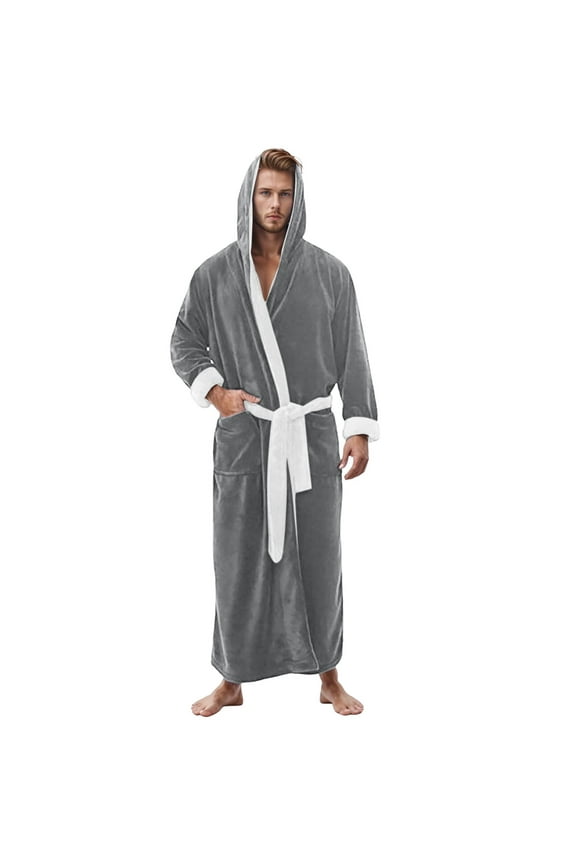 Mens Hooded Robe Plush Fleece, Soft Fluffy House Coat Lounge Robe Full Length Bathrobes with Pockets(Light Gray,4XL)