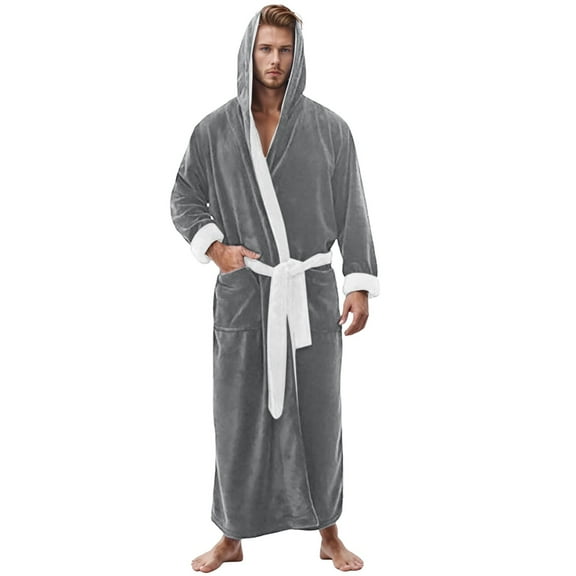 Hessimy Mens Hooded Robe Plush Fleece, Soft Fluffy House Coat Lounge Robe Full Length Bathrobes with Pockets(Light Gray,XL)