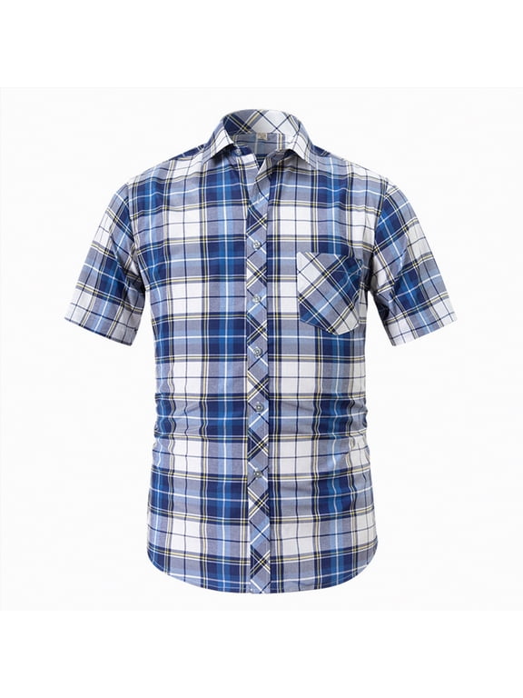 Mens Plaid Short Sleeve Button Down Shirts Cotton Regular Fit Casual,Plaid(Dark Blue,38)