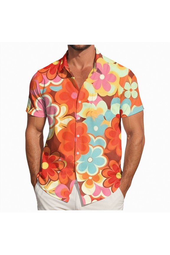 Mens Short Sleeve Button Up Shirts Linen Cotton Beach Tops Spread Collar Plain Summer T Shirt with Pocket(Orange,M)