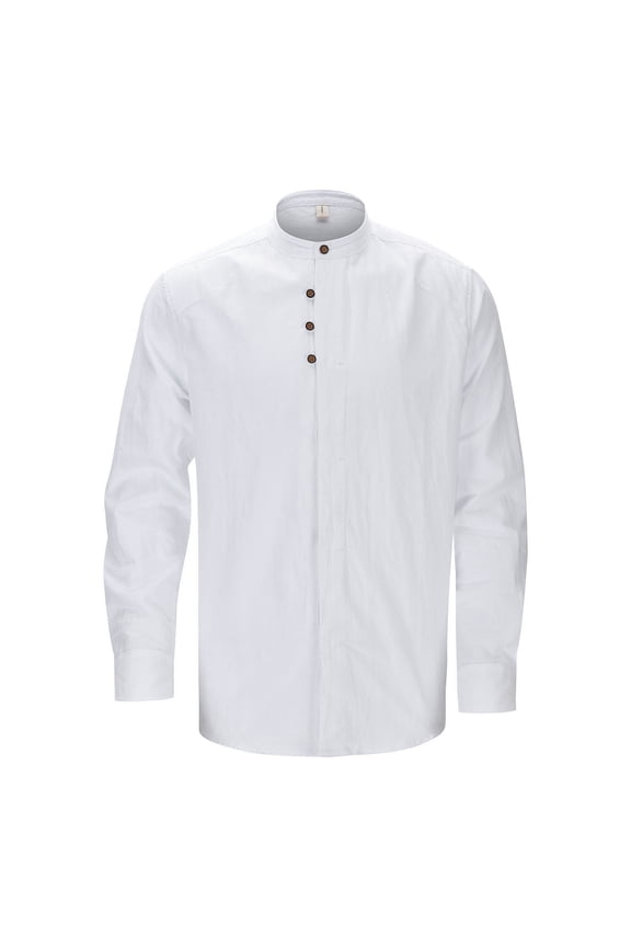 Mens Spring And Summer Shirt Fashion Collarless Casual Solid Color Cotton And Linen Collar Button Long Sleeve Shirts For Men Breathable Top(White,L)