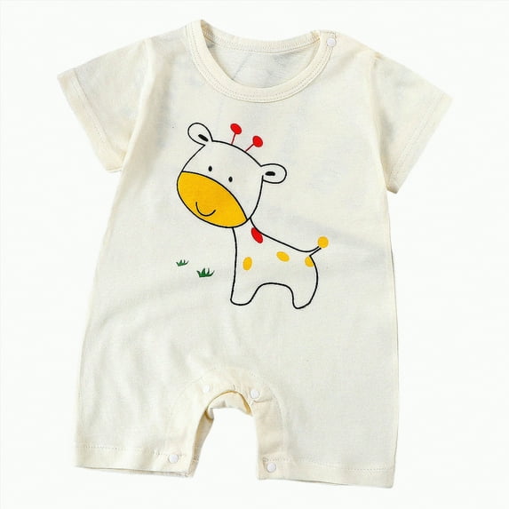 Hessimy Baby Girl Boy Clothes Summer Outfits Short Sleeve Romper Jumpsuit Cotton Linen Solid Color T-Shirt Bodysuit animal pattern (Beige,18-24 Months)