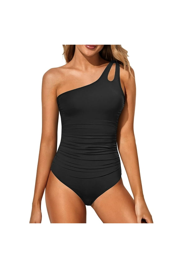 One Shoulder One Piece Swimsuit for Women Tummy Control Bathing Suits Modest Full Coverage Keyhole Swimwear(Black,XL)